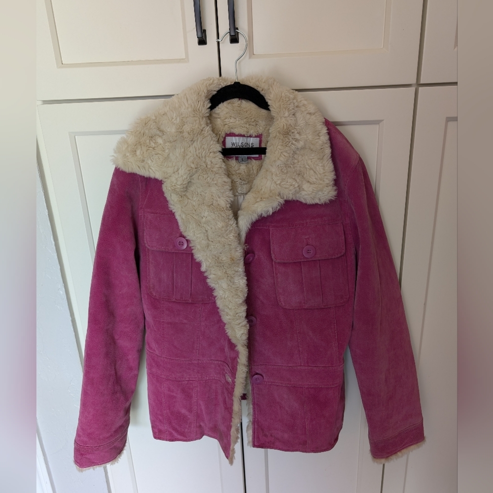 Vintage Wilsons Leather Maxima Pink Suede Jacket Fur Trim Large